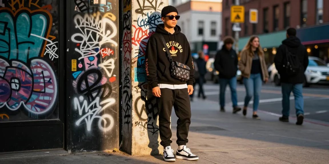 Fashionable individual wearing trendy 레플리카 streetwear posing against a vibrant urban backdrop.