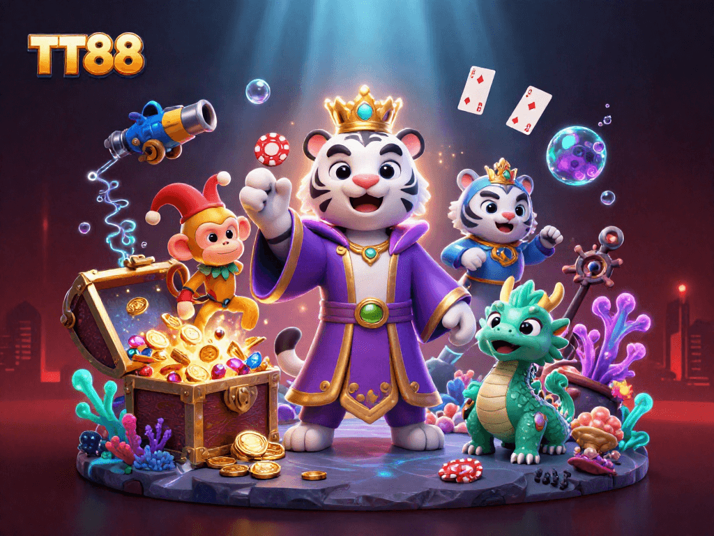 TT88 brings excitement alive with a vibrant 3D scene featuring a royal tiger, juggling monkey, and lively jade dragon.