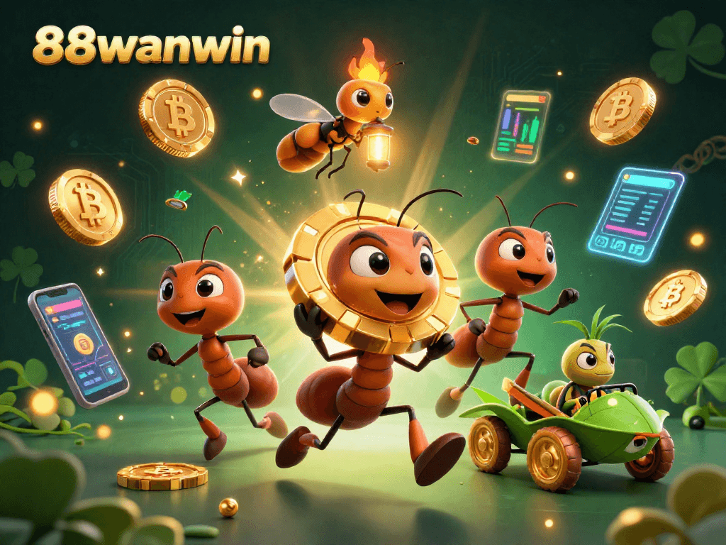 Experience the thrill of 88wanwin with a team of ants heisting a giant poker chip amidst crypto elements.