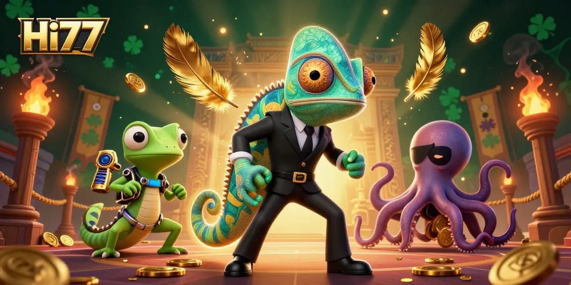 Experience excitement at Hi77 casino with colorful chameleons, golden tokens, and extravagant gaming elements.