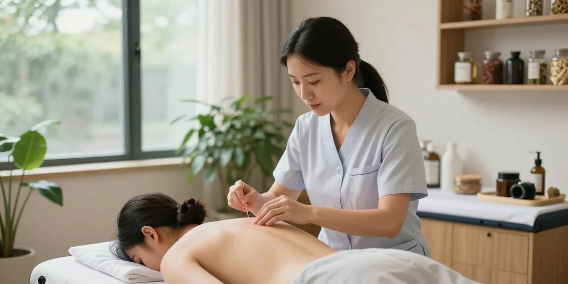Therapist providing acupuncture at 수원한의원 in a peaceful wellness setting.