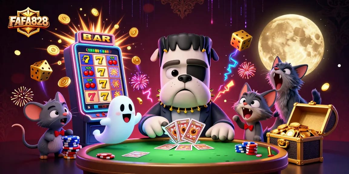 FAFA828's thrilling cinematic scene showcases a whimsical casino atmosphere with vibrant characters.