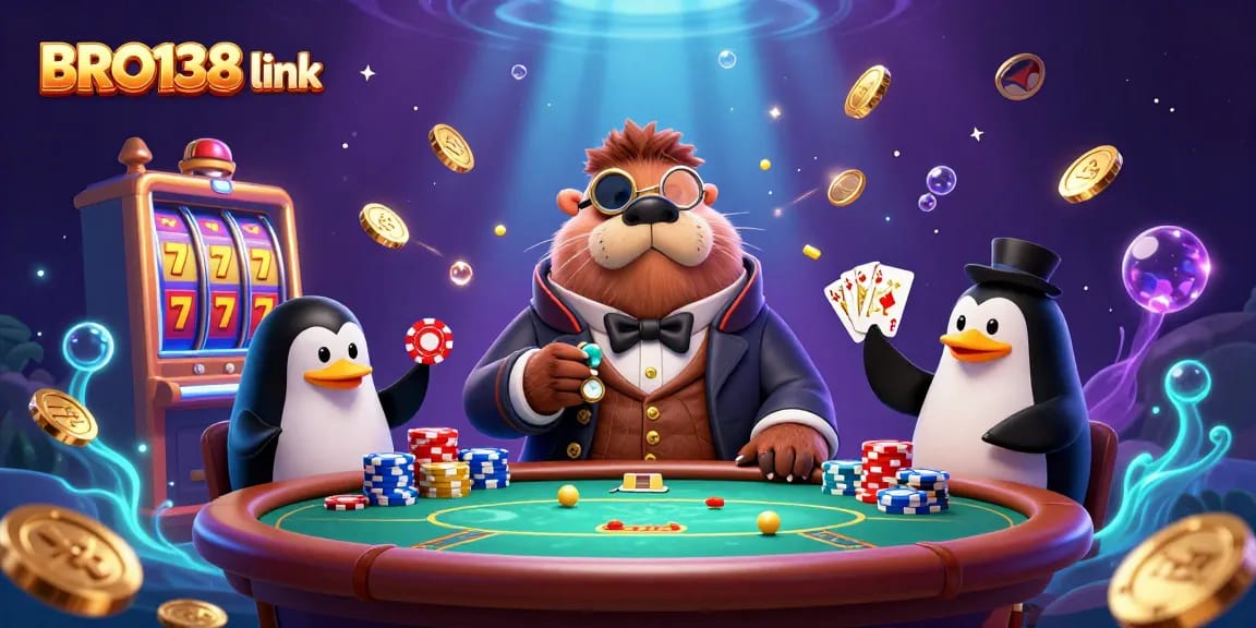 Win big with BRO138 link at an underwater casino featuring a walrus and friends playing slots.