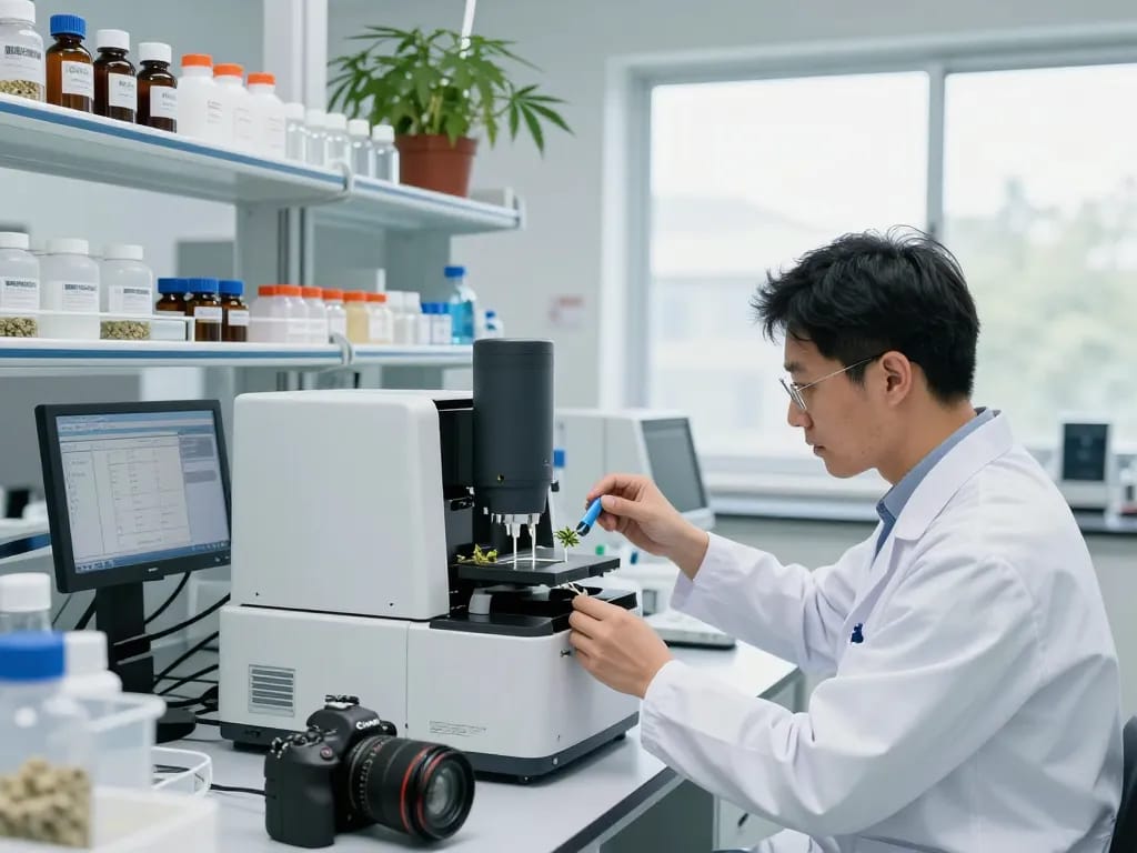 Cannabinoid manufacturer Europe - Expert analyzing hemp samples in a modern lab for premium cannabinoid production.