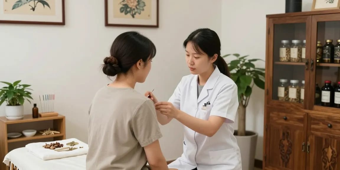 Personalized care at 수원교통사고한의원 with a female acupuncturist assisting a patient.