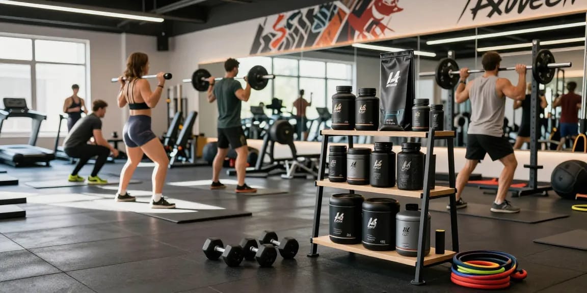 Astera Shop products featured in a vibrant gym scene highlighting athletic energy and commitment to fitness.