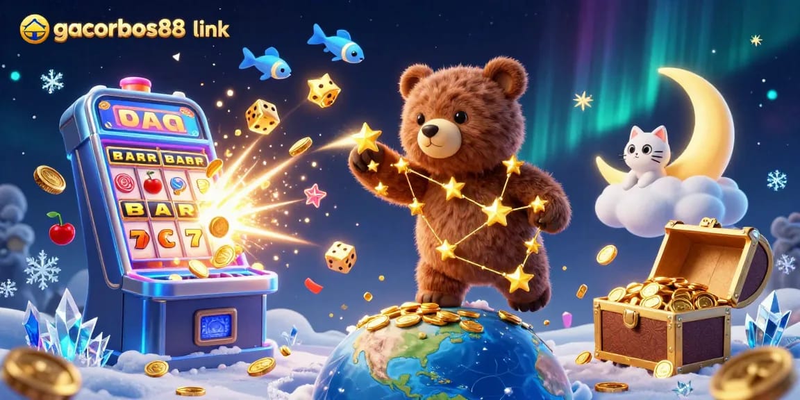 Win big with gacorbos88 link amidst a dazzling slot machine and celestial characters in a vibrant casino illustration