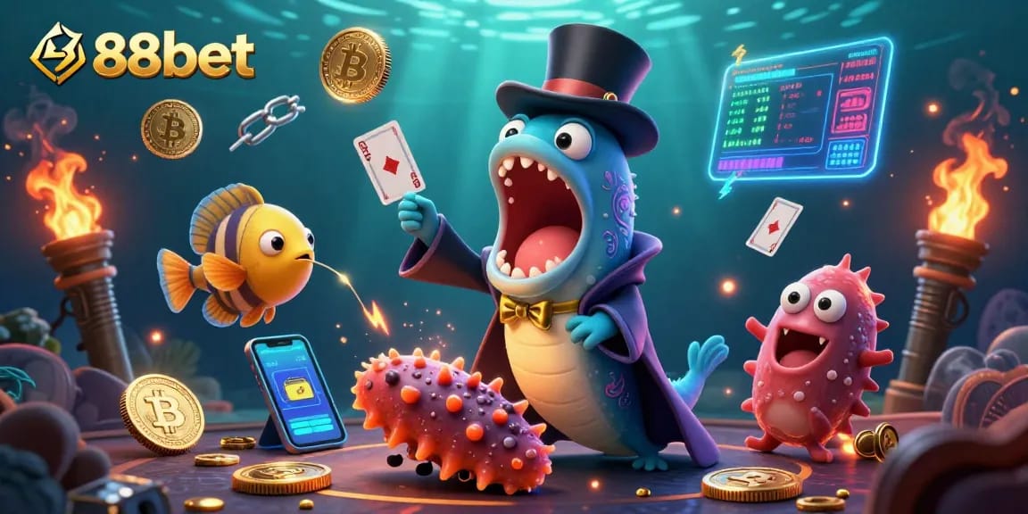 Experience exciting gambling moments with 88bet through a stunning 3D illustration of underwater casino magic.
