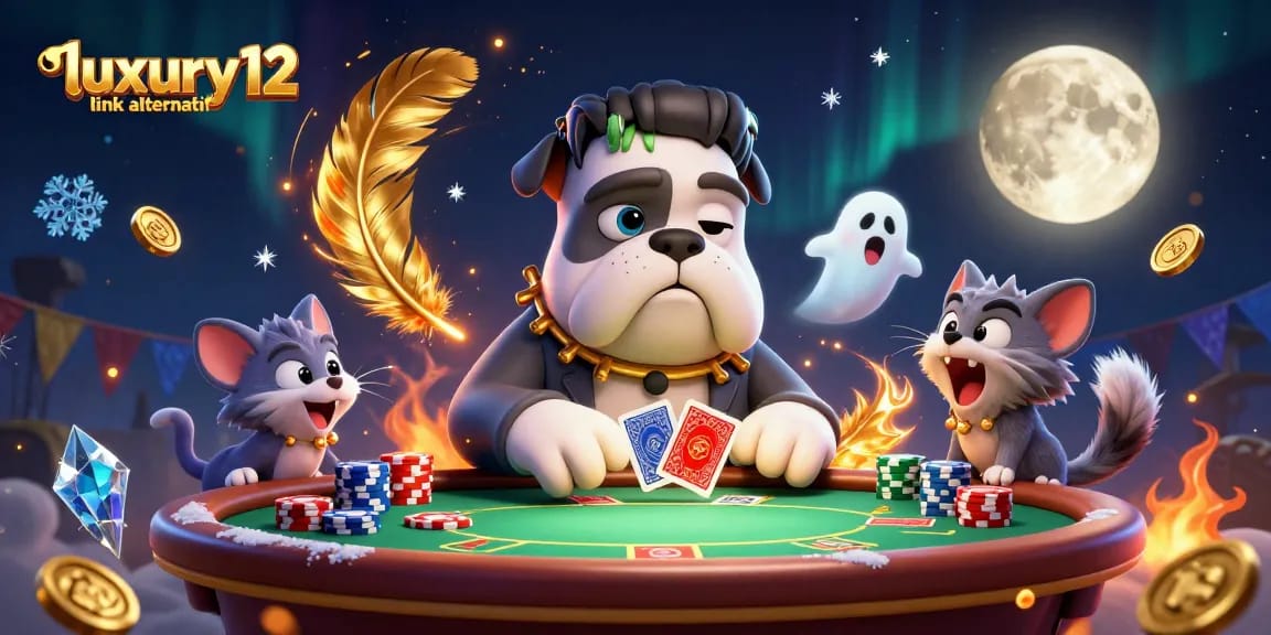 Experience thrilling poker action with luxury12 link alternatif featuring colorful characters in a dynamic casino scene.