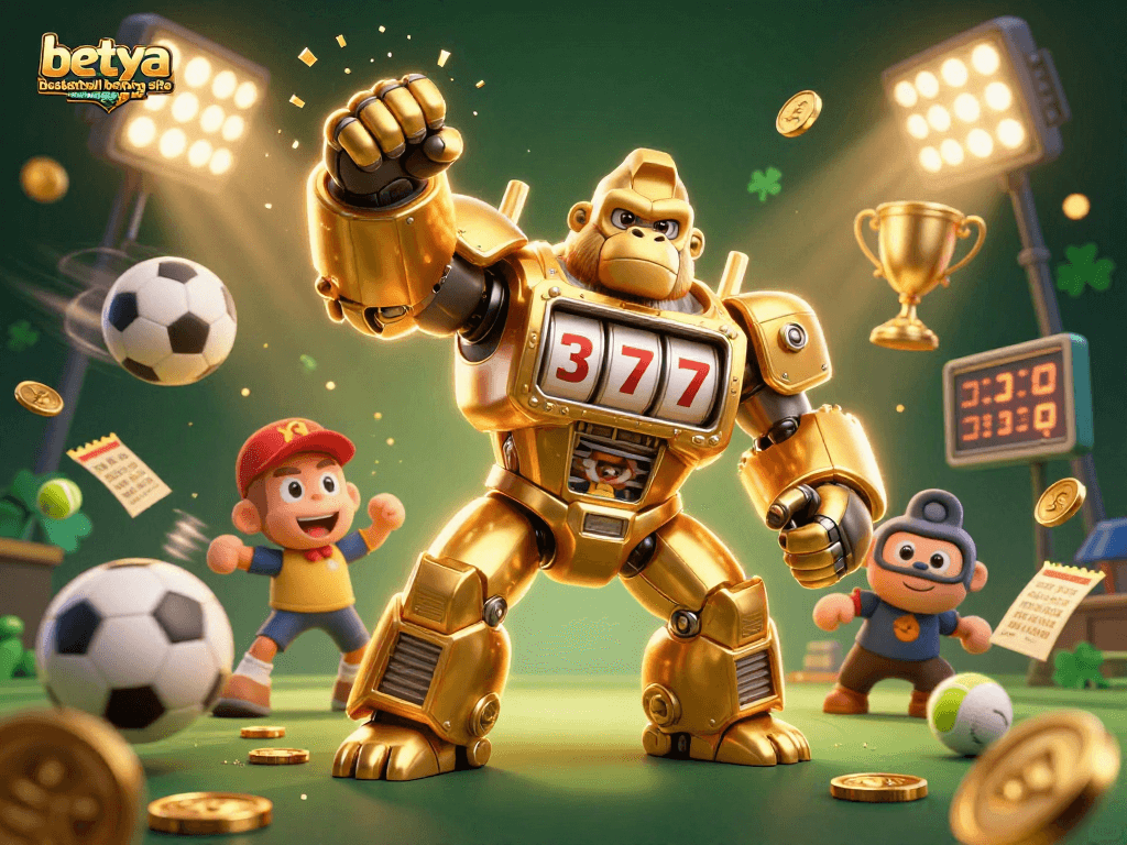 Betya basketball betting site illustration with a golden gorilla mech celebrating a winning moment.