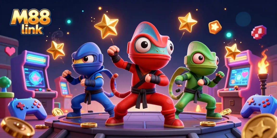 Experience thrilling gaming at M88 link with vibrant casino-themed ninja chameleons.