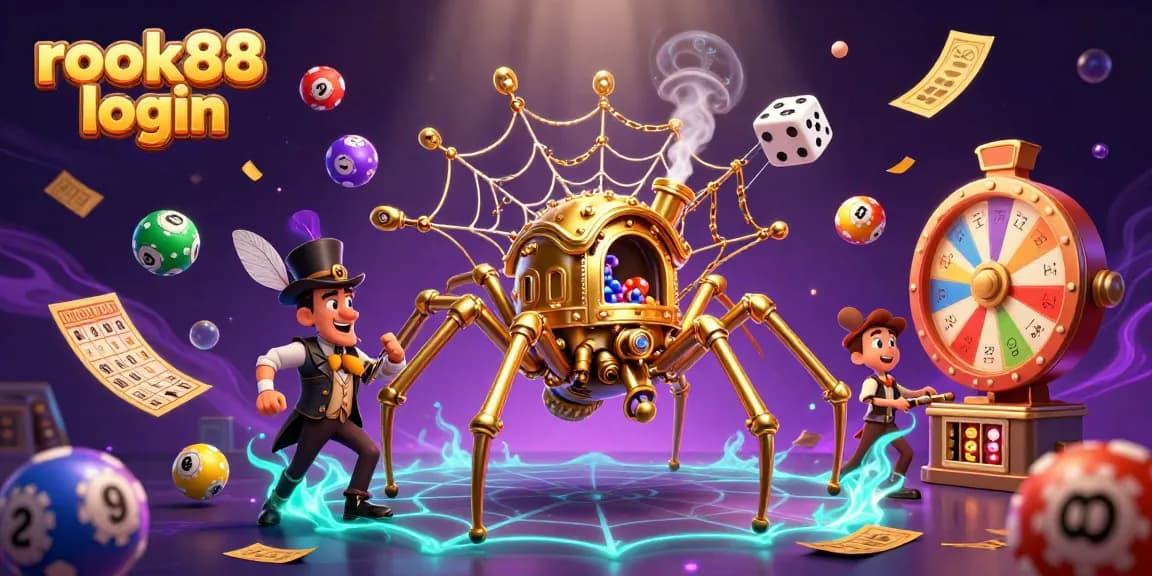 Experience gaming thrills with rokok88 login, a steampunk spider and amusing fly gentleman in an exciting casino scene.