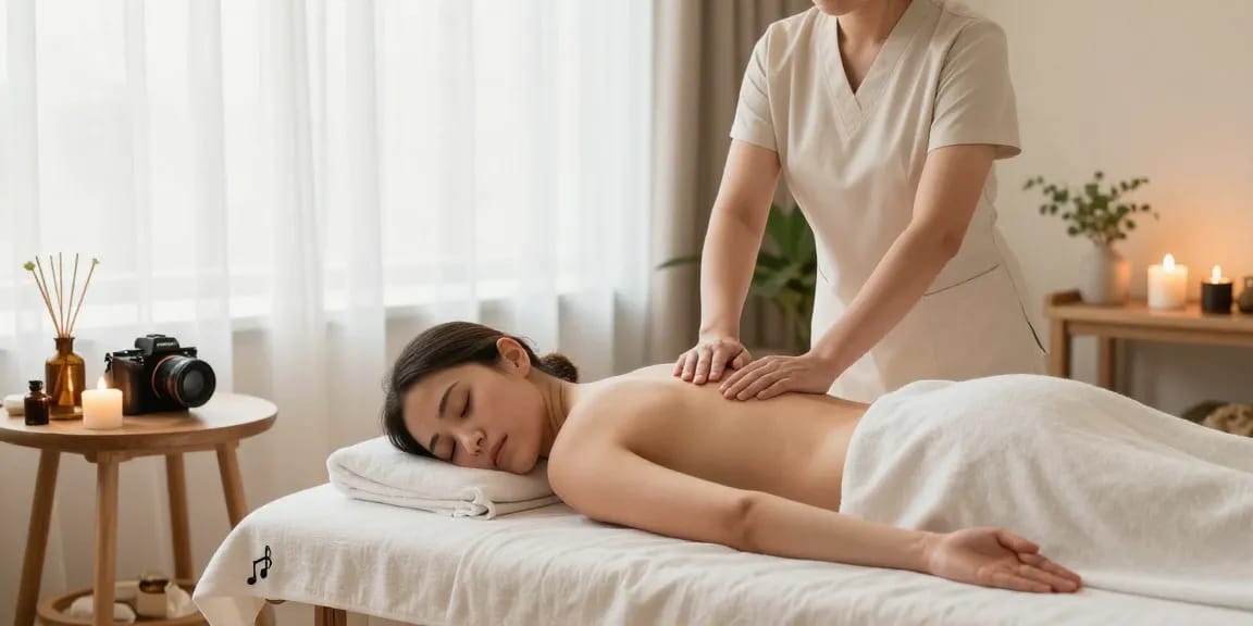 Swedish massage in a tranquil spa setting with soothing aromatherapy, promoting relaxation through 마사지.