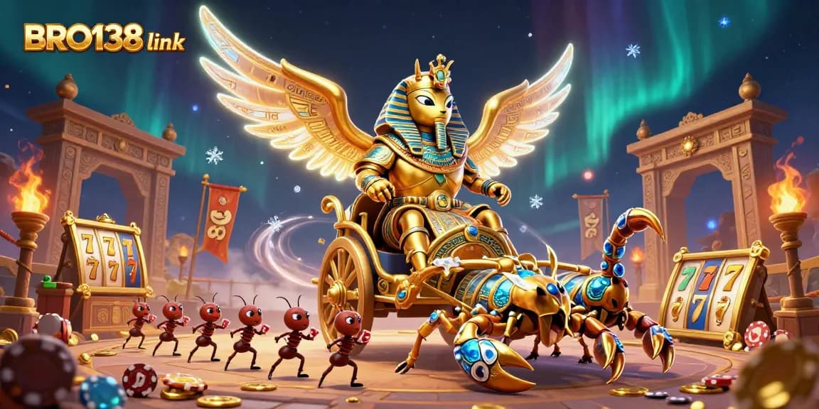 Play and win with BRO138 link, featuring a colossal scarab beetle and gem-encrusted scorpions.