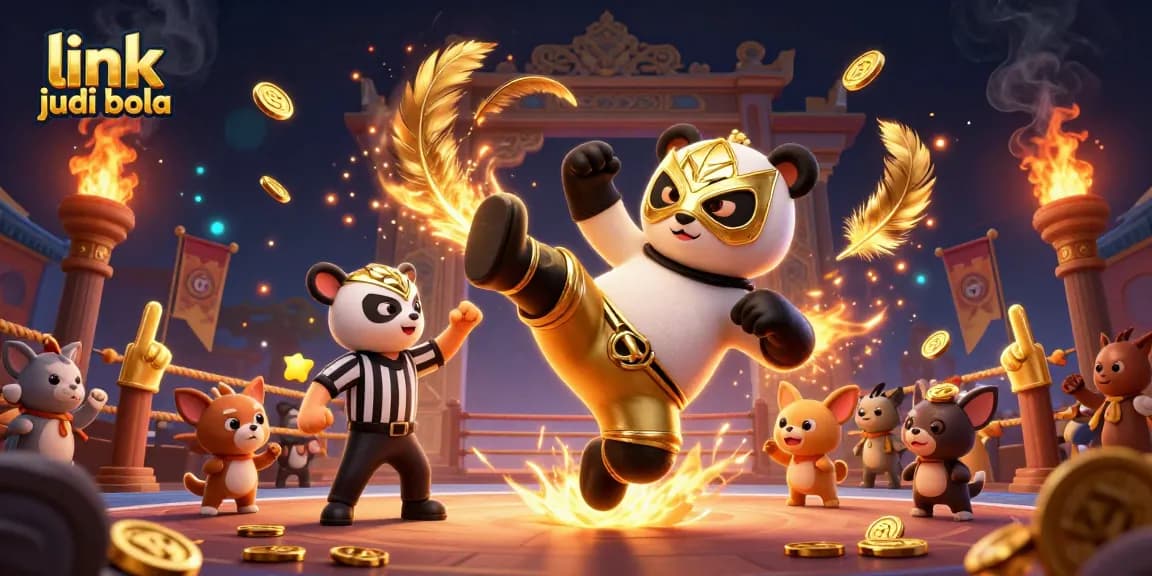 Experience the excitement of link judi bola with a panda wrestler showcasing a flying kick in a vibrant betting arena.