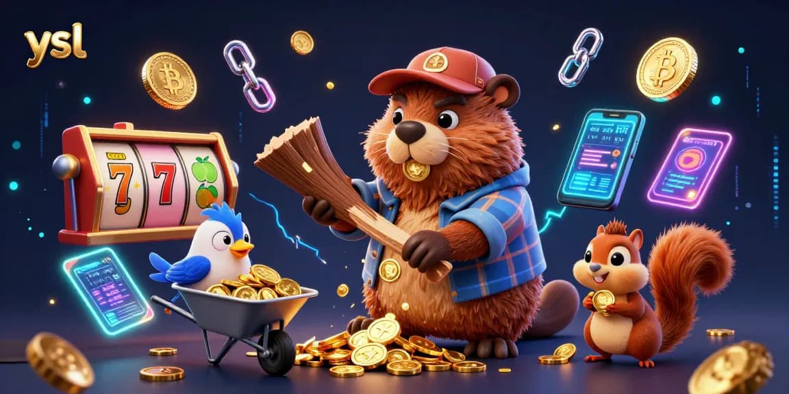 Spin winning ysl slots with cartoon characters collecting golden coins in a vibrant casino scene.