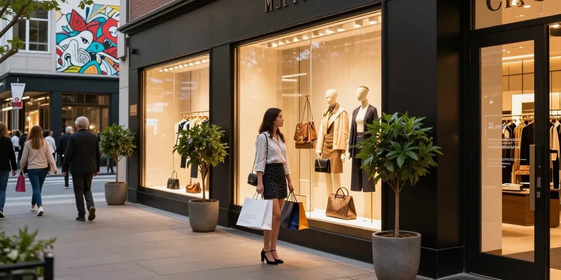 Fashionable shopper exploring a vibrant 레플리카 쇼핑몰 in a bustling urban environment.