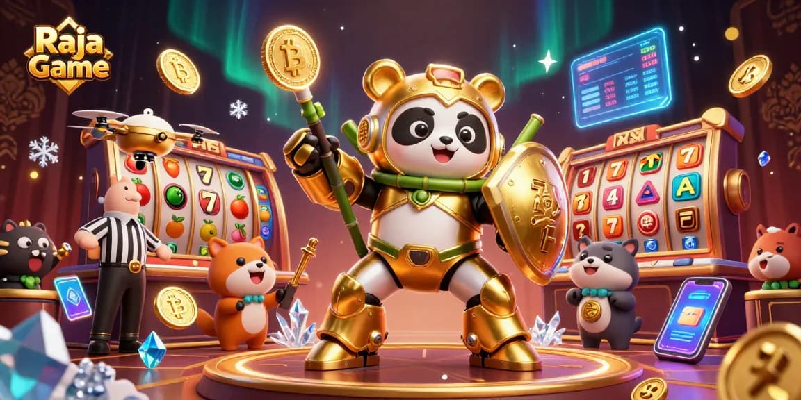 Experience thrilling wins with Raja Game in a dynamic casino setting featuring a panda in a mech-suit.