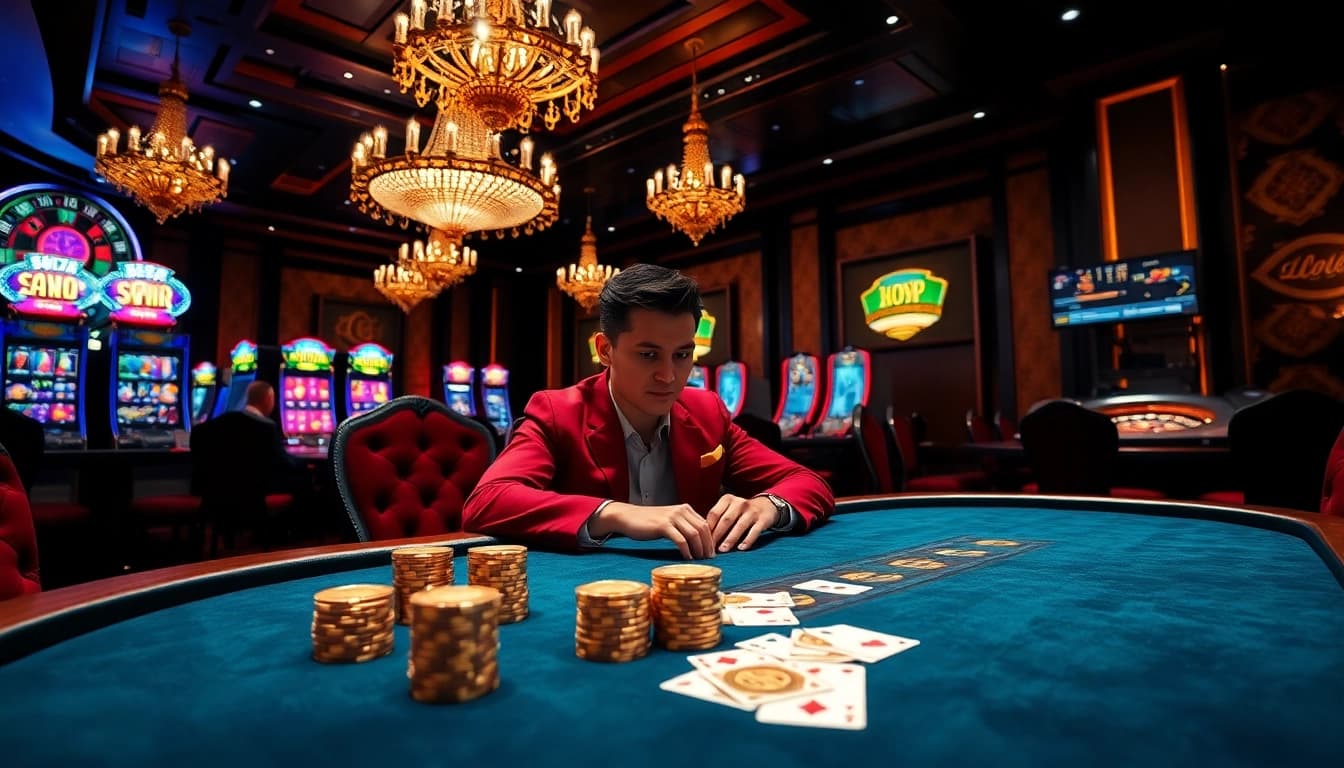 Experience thrilling action at https://whycazino.com with a luxurious poker table scene featuring vibrant slot machines.
