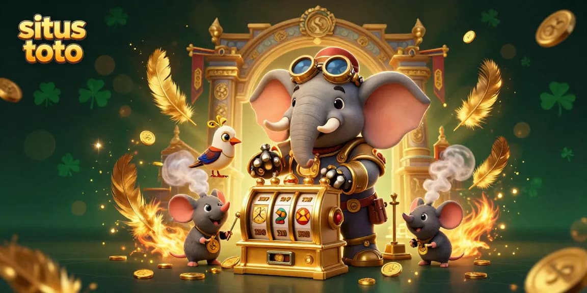 Engage in situs toto excitement with a steampunk elephant at an extravagant casino scene featuring gold coins.
