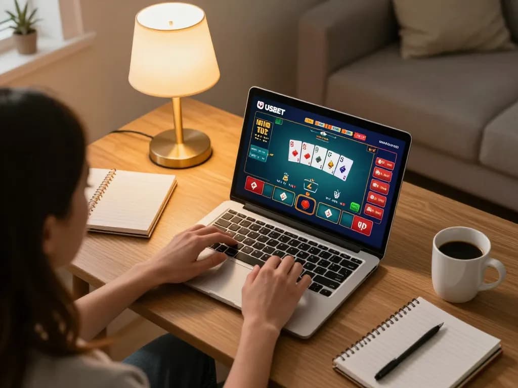 Engaging player using USBET on laptop for poker game strategy in cozy home setting