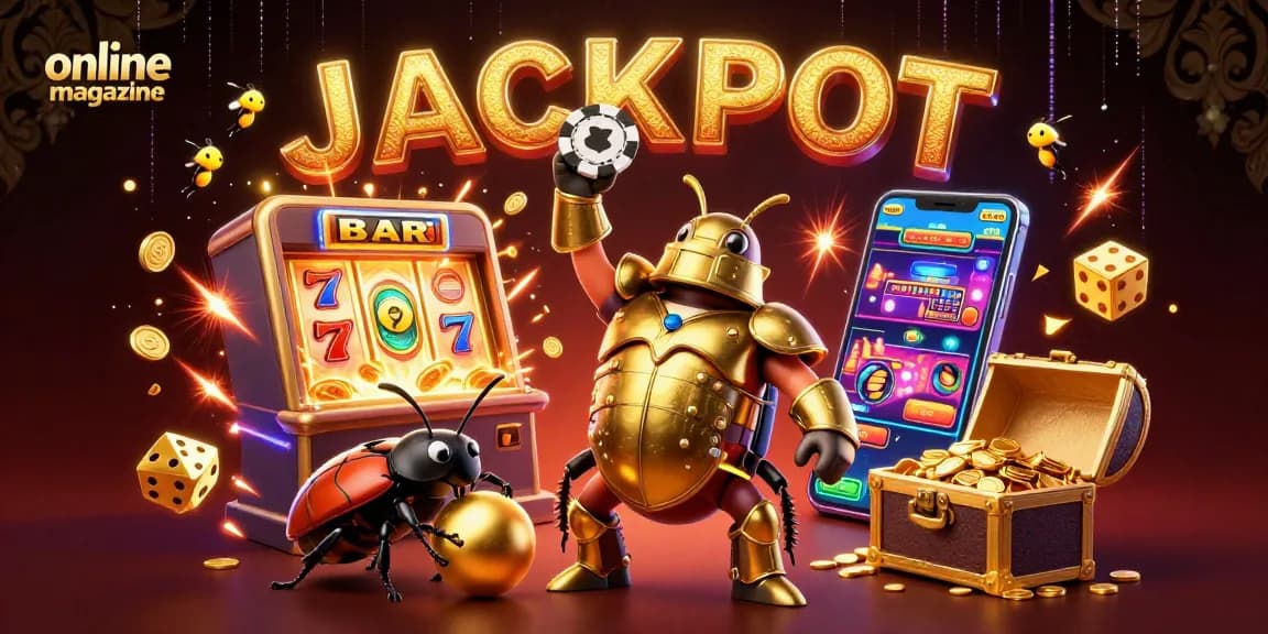 Engaging online magazine scene with cartoon bugs celebrating a casino jackpot