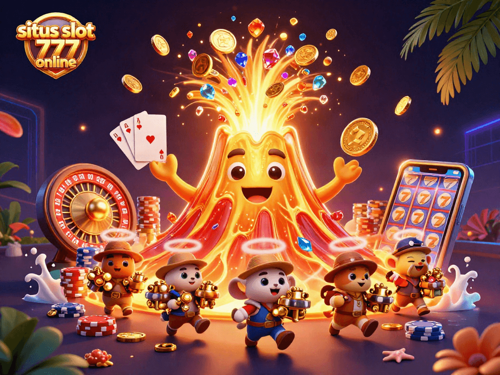 Gambarlah situs slot 777 online yang menampilkan gunung berapi emas dan harta berkilau.