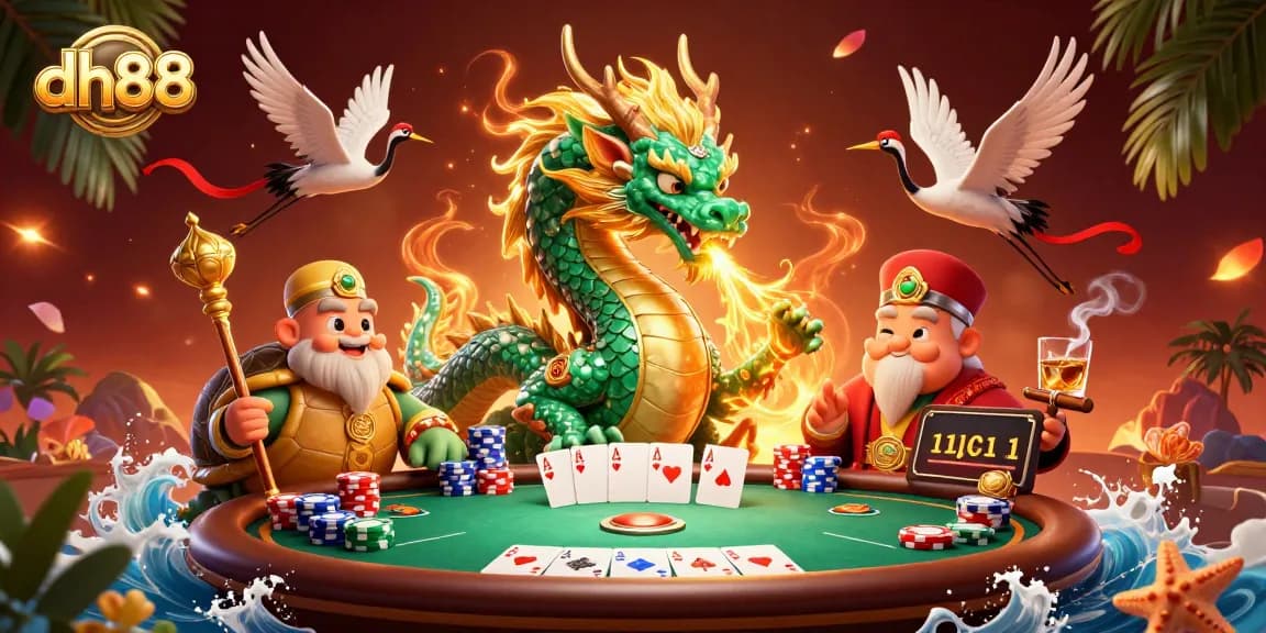 Play exciting games at dh88, featuring a jade dragon and vibrant poker elements.