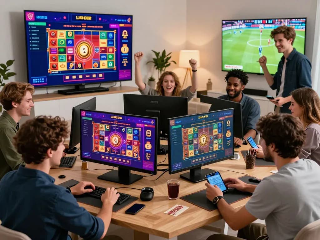 Engaged players experiencing the excitement of online gambling at 8kbetcom.club/ through vibrant digital interfaces and social interactions.