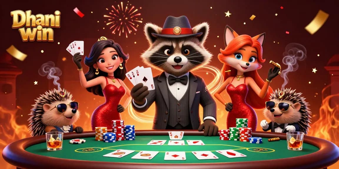 Dhani win illustration featuring a raccoon, fox, and hedgehog in a vibrant casino scene, celebrating at poker.