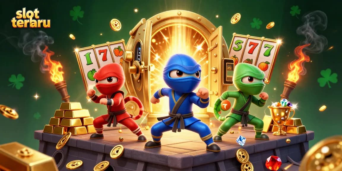 Experience thrilling excitement with slot terbaru as cartoon ninja chameleons celebrate in a treasure-filled casino.