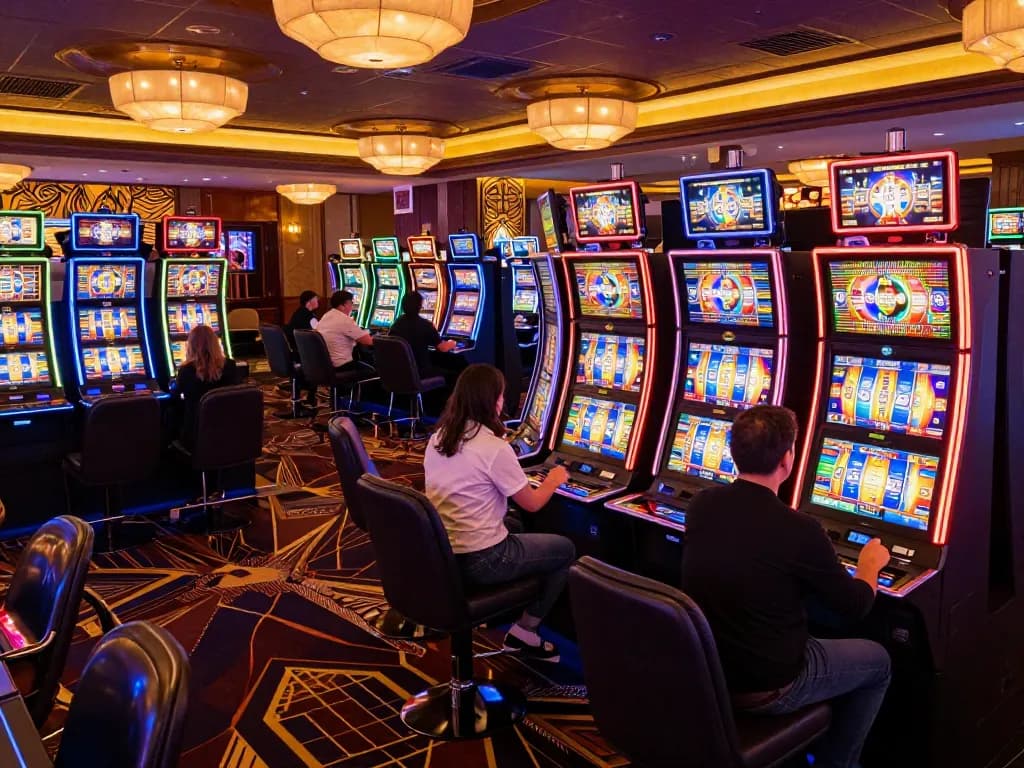 Players engaging with colorful slot machines in a vibrant casino atmosphere