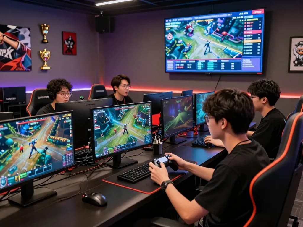Engaged gamers analyzing esports betting Singapore odds in a vibrant gaming lounge, showcasing high-energy and community.