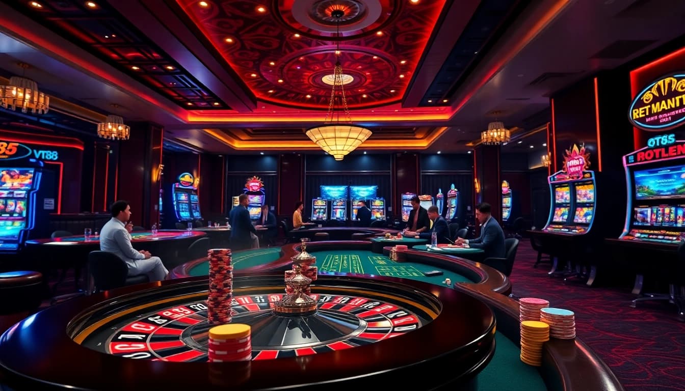 Experience the thrill of gambling at VT 88 with vibrant casino tables and spinning roulette wheels.