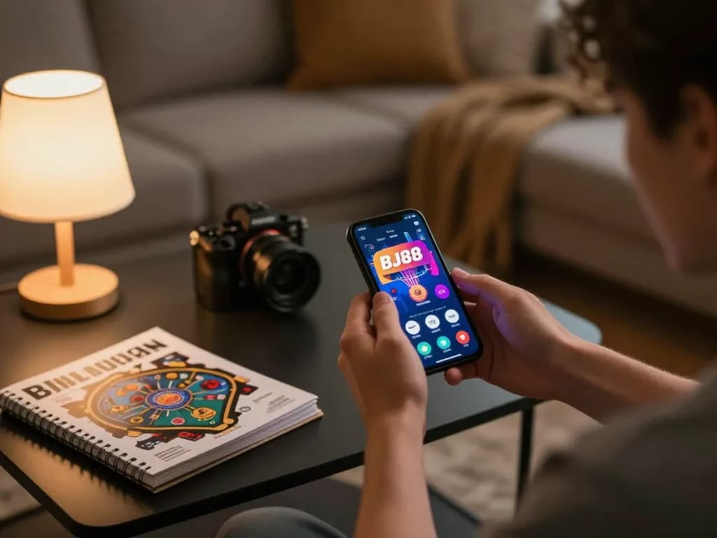 Player using BJ88 mobile app for betting while relaxing at home, showcasing responsible gaming