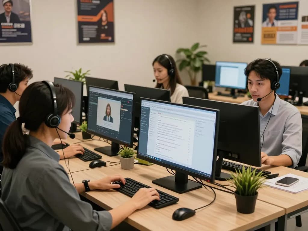 Team providing CSKH 24/7 hubet88 support in a vibrant call center.