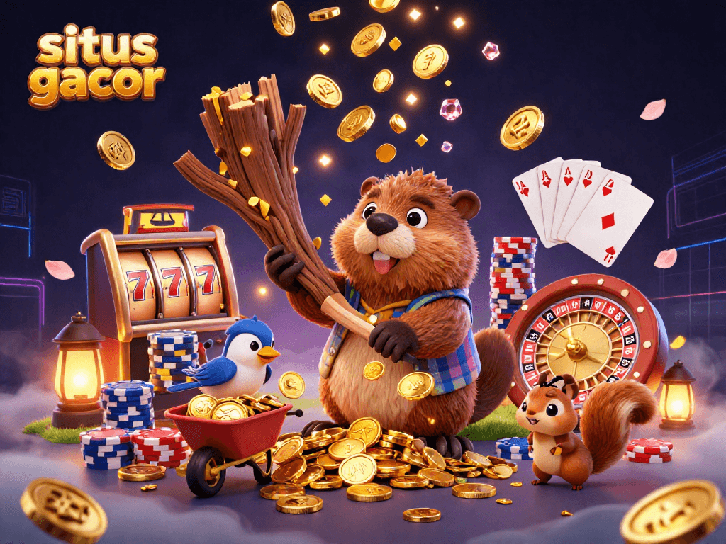 Experience the excitement of situs slot gacor with a vibrant 3D casino illustration featuring cartoon characters collecting coins.