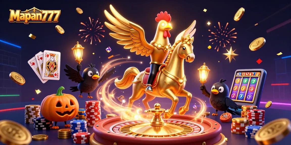 Engage with Mapan777 through an exciting 3D casino scene featuring dynamic characters and vibrant gaming elements.