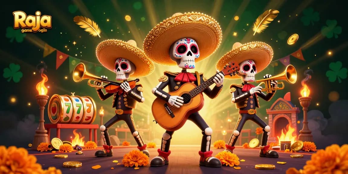 Win big with Raja game login in an exciting 3D casino scene featuring colorful mariachi characters and vibrant game elements.