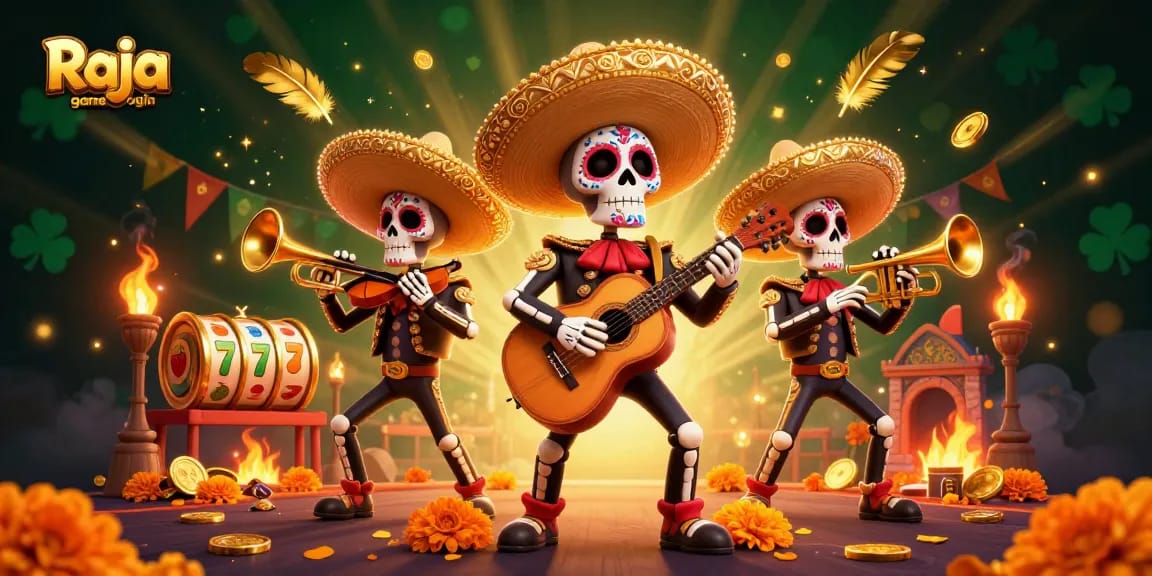 Win big with Raja game login in an exciting 3D casino scene featuring colorful mariachi characters and vibrant game elements.
