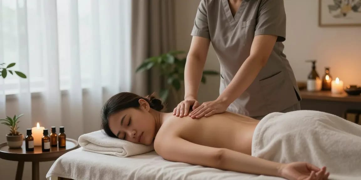Massage therapy session showcasing a therapist providing a relaxing 마사지 treatment in a serene spa environment.