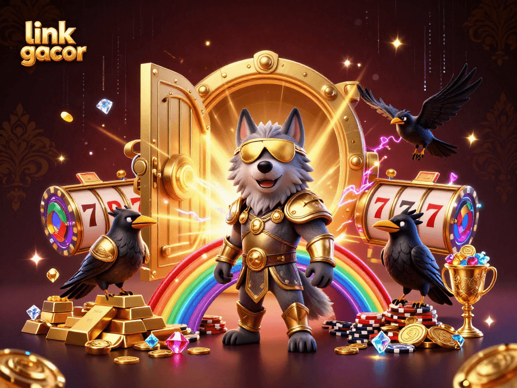 Engage with the vibrant "link gacor" casino scene showcasing Odin, wolves, treasures, and slot reels.