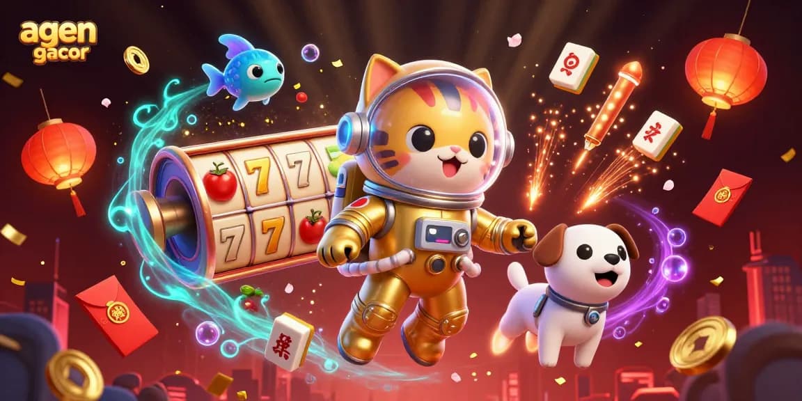 Simplify your gaming experience with agen gacor, featuring a vibrant scene of a cat astronaut and a robot dog amidst dynamic casino elements.