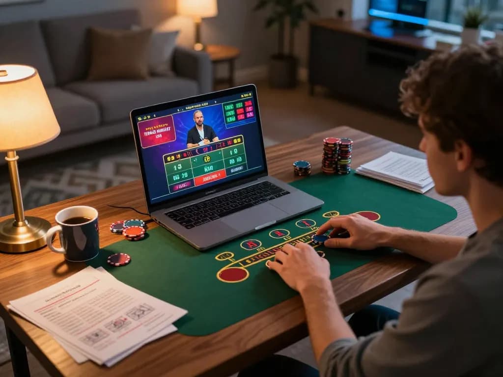 Player enjoying FLY88 live dealer blackjack at home, engaging and cozy gaming atmosphere.