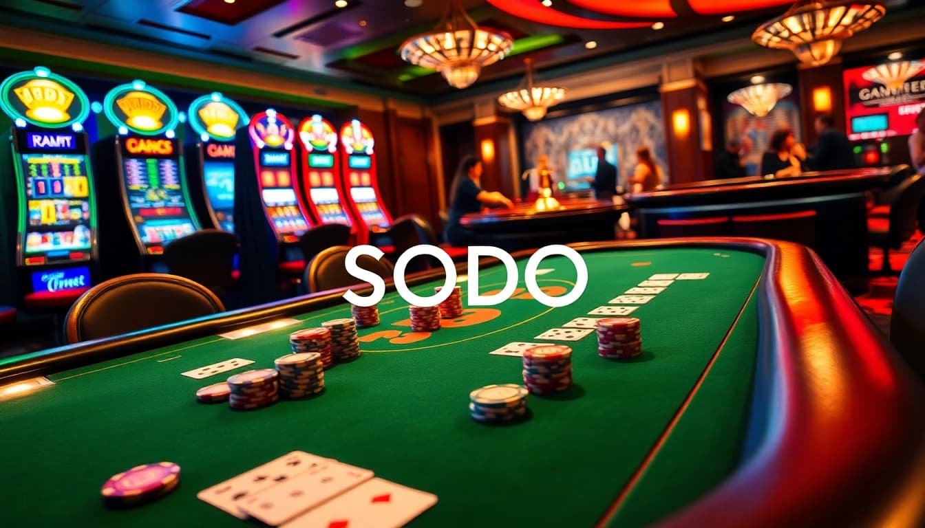 SODO casino table with poker chips and cards highlighting an immersive gambling experience.