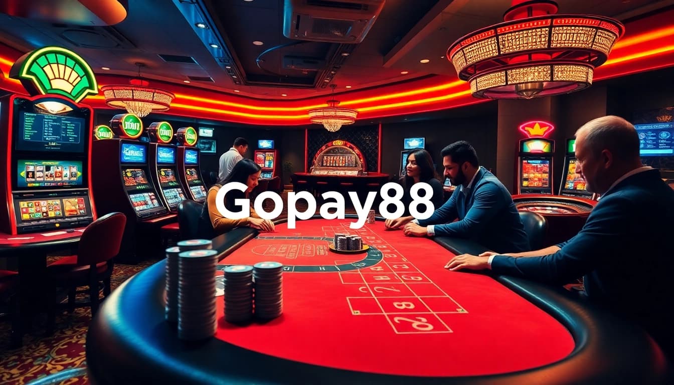 Players enjoy thrilling games at a luxurious casino with Gopay88 chip stacks and vibrant slot machines.