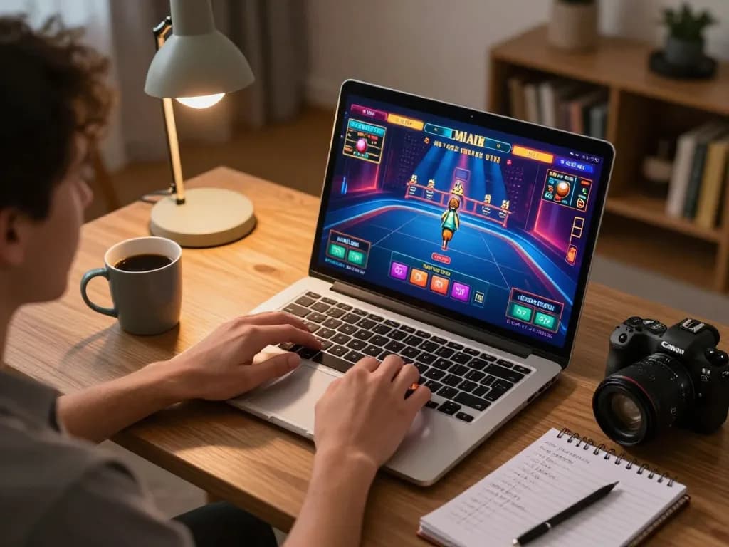 Engaged gamer exploring 99win online casino on laptop with strategic betting notes