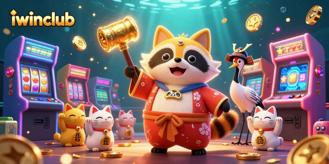 Experience excitement at iwinclub with a cheerful tanuki, vibrant arcade games, and lucky symbols!