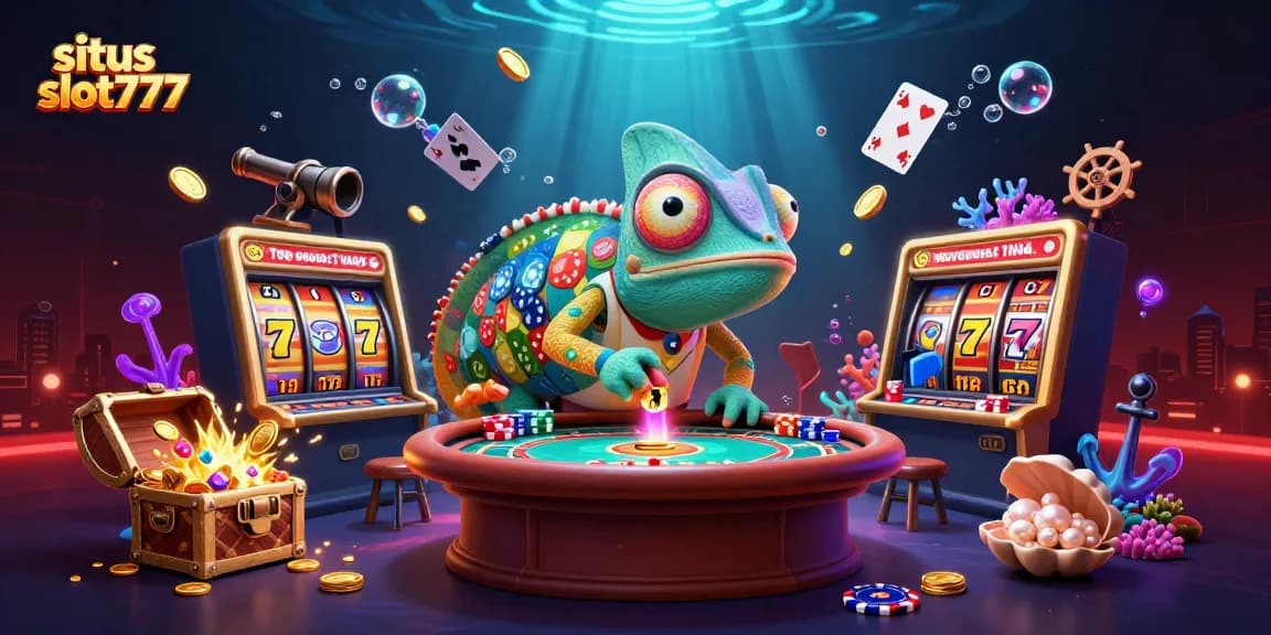Experience excitement at situs slot777 with a vibrant 3D casino scene featuring the chameleon casino owner.