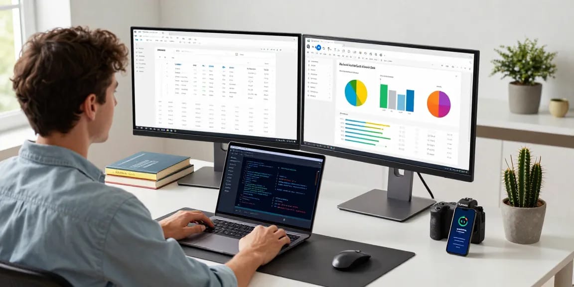 Download WPS Office with an organized workspace featuring dual monitors and tech gadgets.